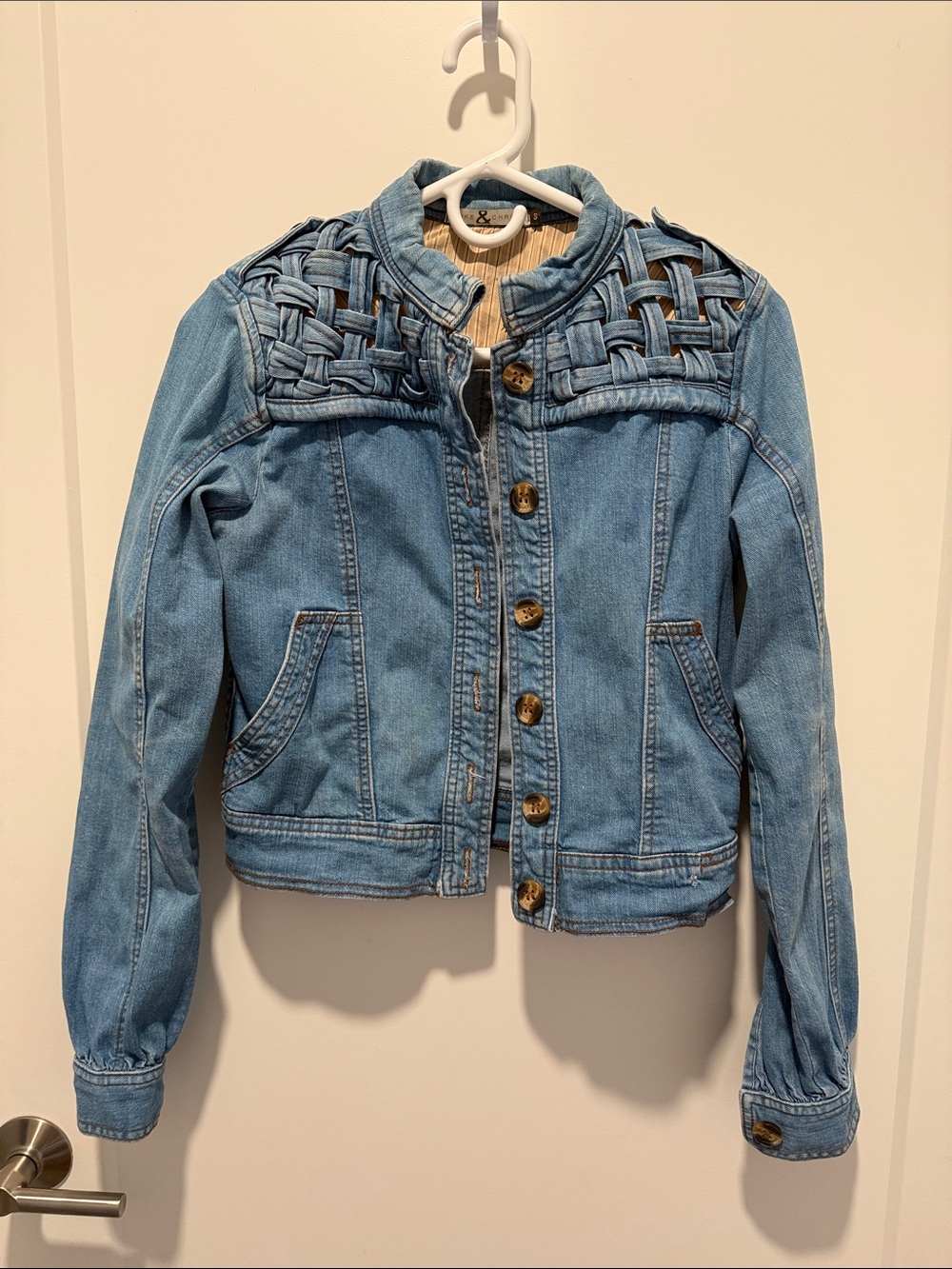 Vintage Mike & Chris Light Blue Denim Jacket with Woven Shoulder Detail Small